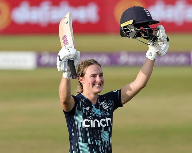 Emma Lamb celebrates after scoring her century for England