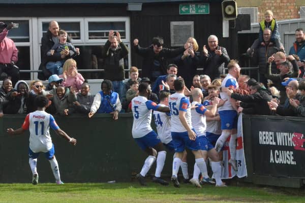 The Diamonds players celebrate Ryan Inman's late winner against Shepshed (Picture: Shaun Frankham)