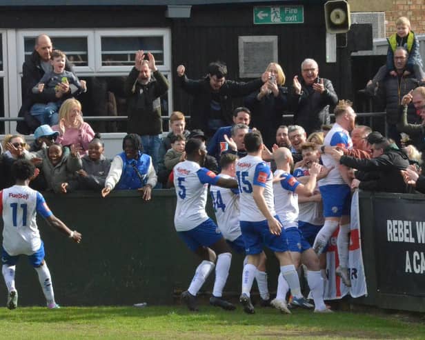 The Diamonds players celebrate Ryan Inman's late winner against Shepshed (Picture: Shaun Frankham)