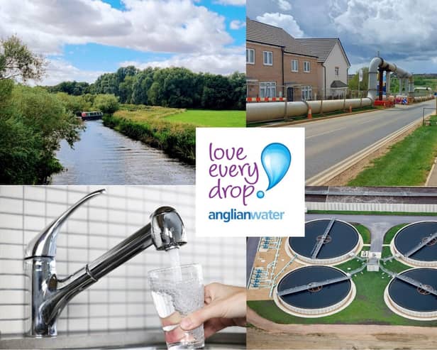 Clockwise from top left: The River Nene near Thrapston, Wellingborough Stanton Cross, an Anglian Water water recycling centre and tap water
