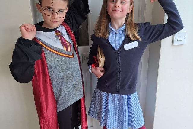 Twins George and Edie, 10, as Harry Potter and Matilda