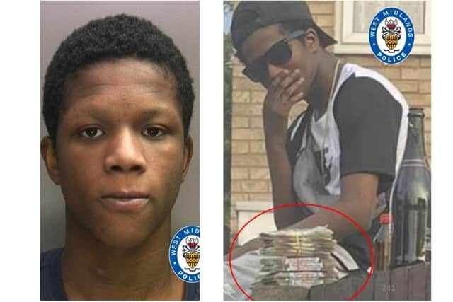 Ringleader Brian Asante/ Asante posing with cash and alcohol/ West Midlands Police
