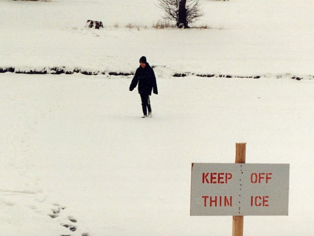 Danger of thin ice at the Boating Lake in Corby, December 1996
