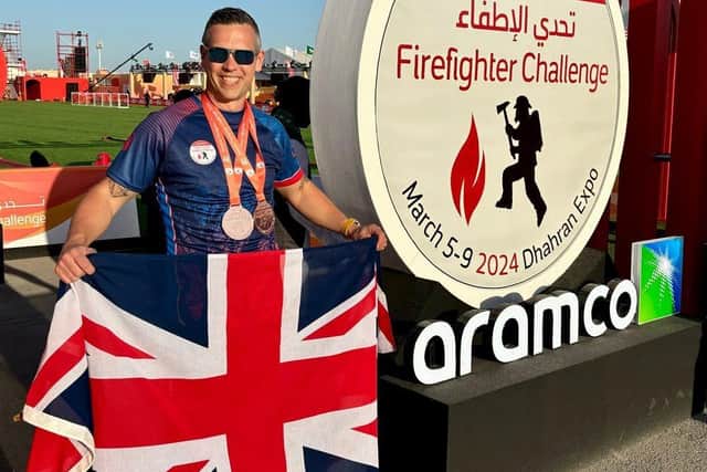 Dean Keeber with his medals at the Aramco Firefighter Challenge in Saudi Arabia