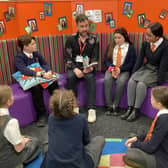 Ben Davis talks to pupils at Hayfield Cross /Hayfield Cross Primary School