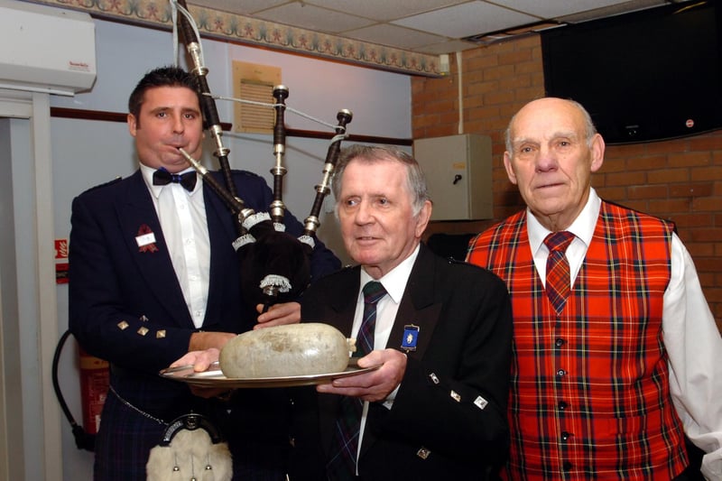 Piper Robert Muir, Ned Hunter and Bill Lumsden at The Grampian's Burns Night support in 2008
