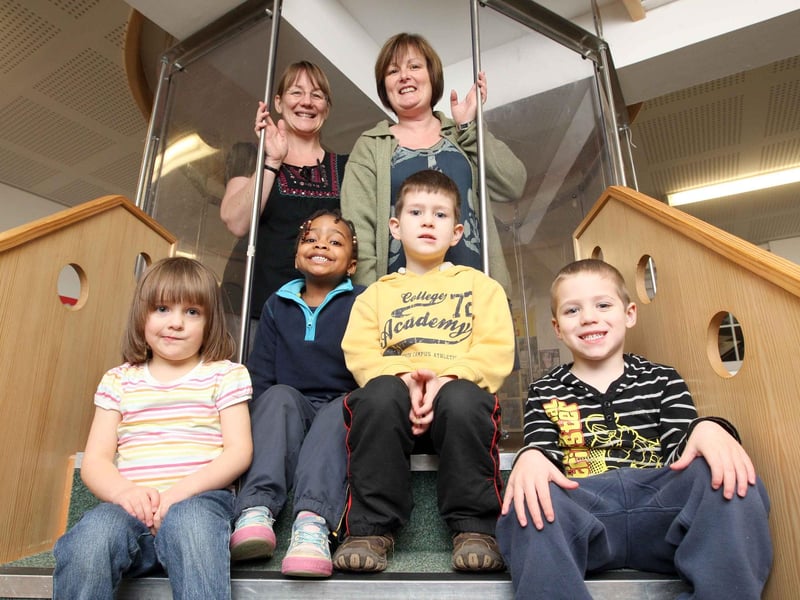 Deputy Head Angela prodger & family worker Shelley Bannigan with pupils Leona, Jewel, Kasper & Luka after successfully fighting to save the school's budgets from cuts in 2012