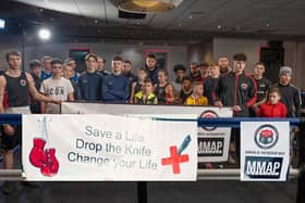 Some of the fighters with the anti knife crime banner/ Rushden and Higham Community Boxing