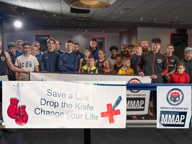 Some of the fighters with the anti knife crime banner/ Rushden and Higham Community Boxing