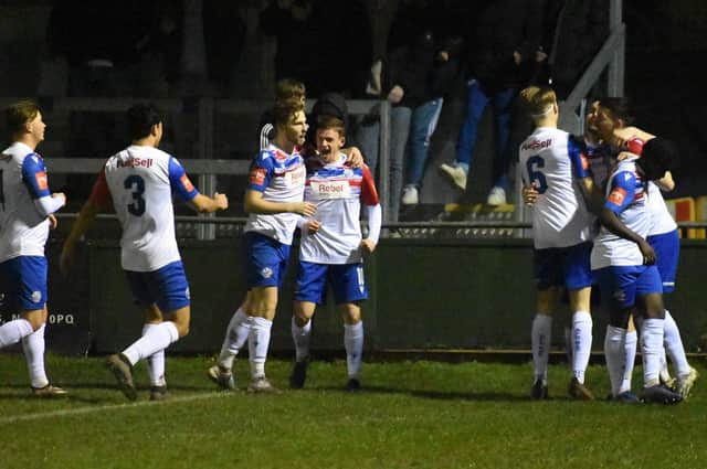 AFC Rushden & Diamonds' players celebrate Fraser Corden's hat-trick goal in th 3-2 win over Boldmere (Picture: Shaun Frankham)