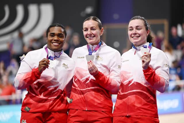 Silver medalists Sophie Capewell, Katy Marchant and Rhianna Parris-Smith (right) of Team England (photo by Quinn Rooney/Getty Images)