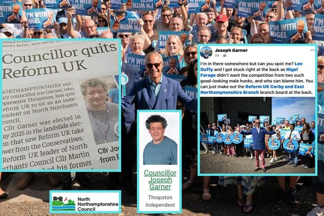 Reform UK's campaign event in Clacton recorded on Facebook by Cllr Joe Garner, NNC's councillor page shows Cllr Garner as 'Independent'. How the Northants Telegraph reported his departure/Reform UK /Facebook/NNC/IMG