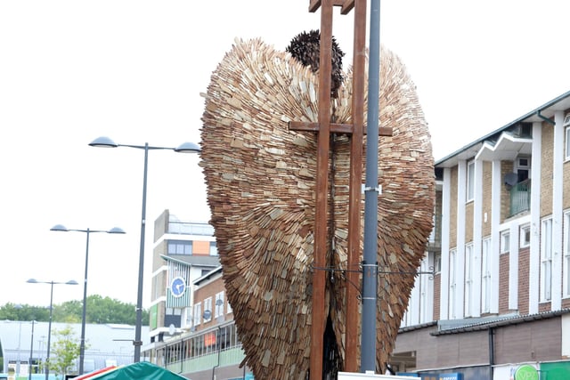 The Knife Angel overlooks Corporation Street in Corby town centre