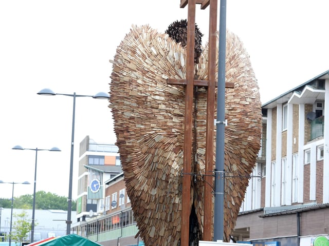 The Knife Angel overlooks Corporation Street in Corby town centre