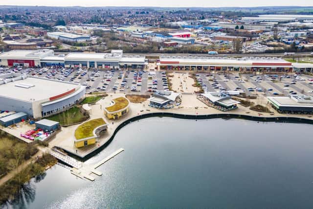 An aerial view of Rushden Lakes