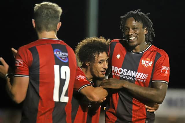 Nile Ranger (right) takes the congratulations after Tuesday's win over Stamford (Picture: Peter Short)