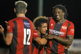 Nile Ranger (right) takes the congratulations after Tuesday's win over Stamford (Picture: Peter Short)