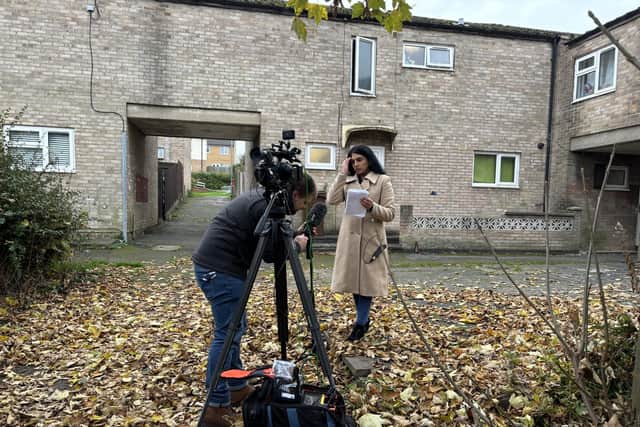 A BBC reporter at the home of Harshita Brella in Corby. Image: NW