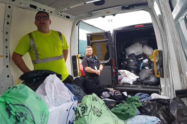 Response officer PC Dale Goosey took over a tonne of recovered stolen donations back to the Salvation Army last week (Pic credit: Northants Police)