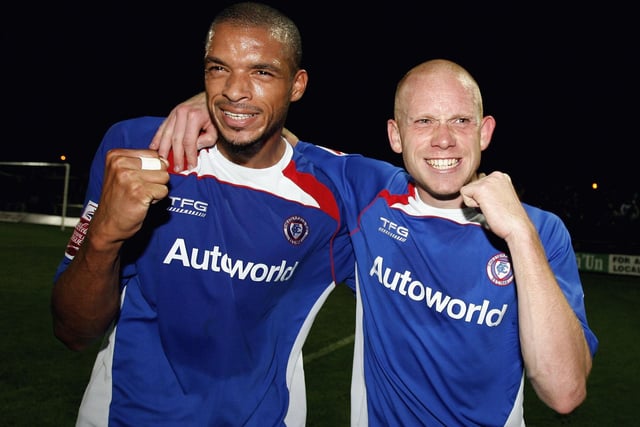 Chesterfield's goalscorers celebrate at the end of the game. Spireites would go on to knock West Ham out at home in the next round, before their run was eventually ended in the fourth round by Charlton on penalties.
