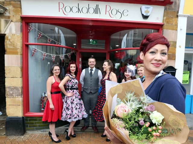 Wellingborough Rockabilly Rose new florists and gift shop opens on Cambridge St -  Cat Minney outside the shop - June 2014