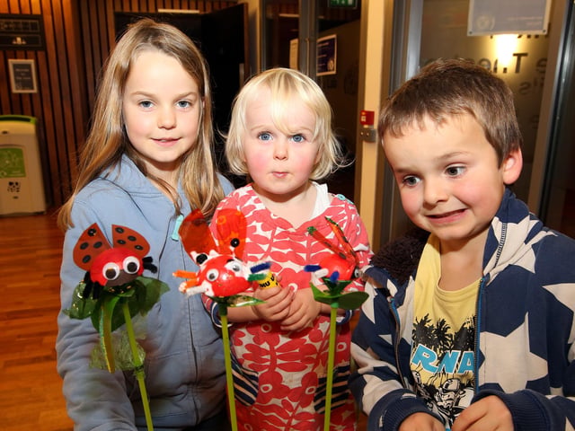 The Core at Corby Cube 5th birthday celebrations - ladybird craft l-r Rosie Tetlow, 8, Kitty Tetlow, 2, Max Tetlow, 6