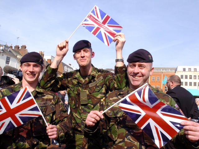 Northampton, 9th /12th Lancers (Prince of Wales's) homecoming parade after six-month tour of Iraq.
l-r Lance Cpl Daniel Scott (from Wellingborough), Trooper Craig Flowers (from Wellingborough), Cpl David Williams (from Corby).
March 2009