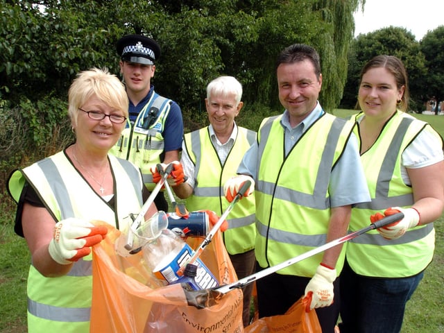 A litter-pick in Charterfields, July 2009. Patricia Metcalfe, PCSO Ross MacDonald, Cllr Ray Lilley, Lenny McIlhatton and Natasha Bell