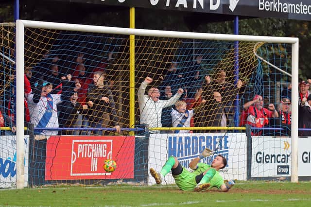 The Kettering Tiwn fans celebrate as the ball hits the back of the net in the 3-2 win at Berkhamsted on Saturday (Picture: Peter Short)