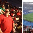 Dennis (left) and Darren at the Stade de France before they heard of the trouble outside. Right: Their view of the pitch