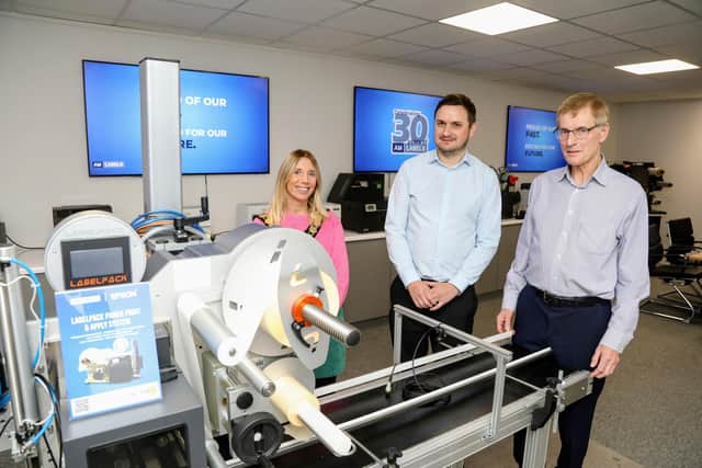 Mayor of Kettering Cllr Lauren Glanfield with Brendon Bass, sales and marketing manager and Tony Mariani, managing director, AM Labels Limited/IMG