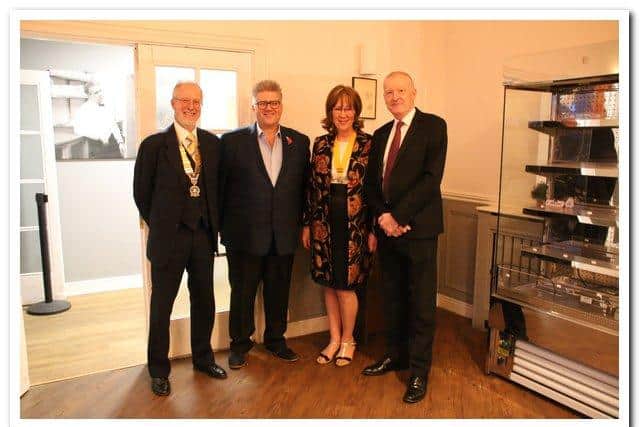 L-R: Robin Lee- President Huxloe Rotary Club, Gary Marshall- Comedian, Yvonne Robinson- President Elect Kettering Rotary Club, Steve Davis - Snooker Champion