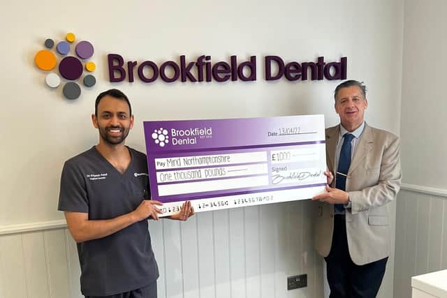 l-r Dr Priyesh Patel of Brookfield Dental in Rushden with Nick Tite (Northamptonshire Mind fundraising and communications lead)