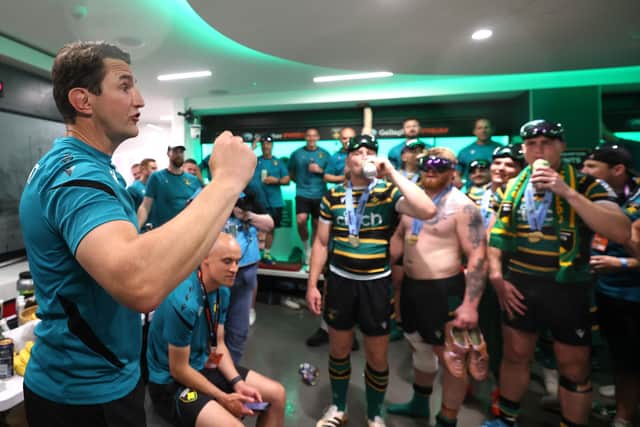 Phil Dowson addressing his players after their Gallagher PREM final win in June (photo by David Rogers/Getty Images)