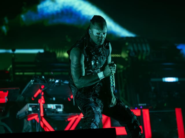 Maxim from The Prodigy on stage at The National Bowl in Milton Keynes, on Saturday, August 22, 2026. Photo by David Jackson.