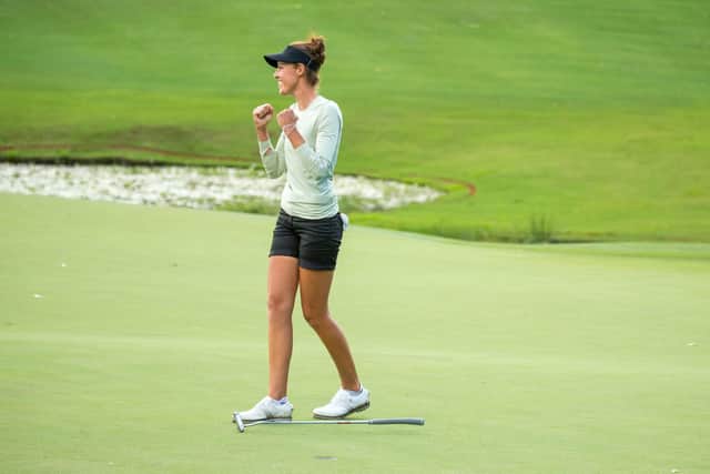 Meghan MacLaren celebrates after she sealed victory in the Australian Women’s Classic. Picture courtesy of LET