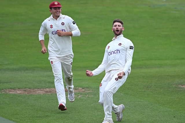 Northants off-spinner Rob Keogh celebrates claiming the wicket of Derbyshire's Aneurin Donald