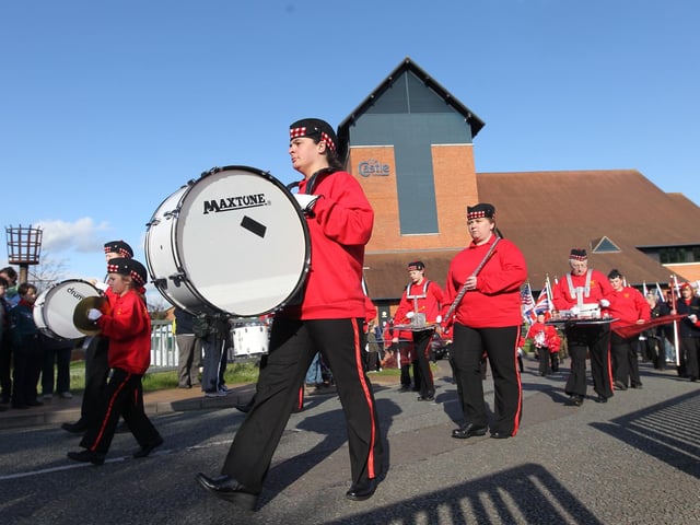 The Waendel Walks opening processing sets off from outside The Castle Theatre in Wellingborough on Friday 11th April 2012.
