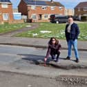 Cllrs Alison Dalziel and Simon Rielly have been out in Corby looking at some of the dreadful potholes around the town including this one in Fotheringhay Road