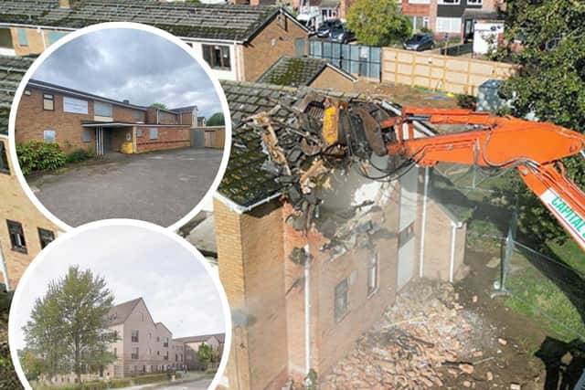 Demolition of Hearnden Court and inset (top left) the site before and (bottom left) an artist's impression of Dappletree Court when it is completed