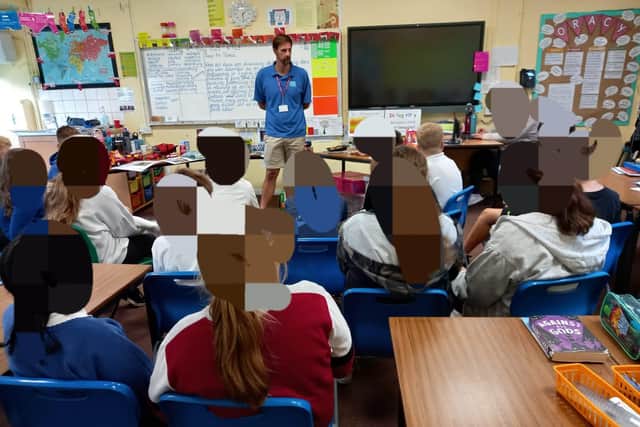 Children at Croyland Primary with Farmer Luke