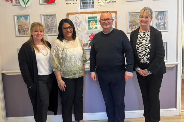 Urvi Patel, Managing Director at Voyage Care Jane-Marie Walton-Davies, Service Manager at Redmond House Alison Dolby, Operations Manager at Voyage Care Pictured with Lee Barron, MP (Labour, Corby and East Northamptonshire.