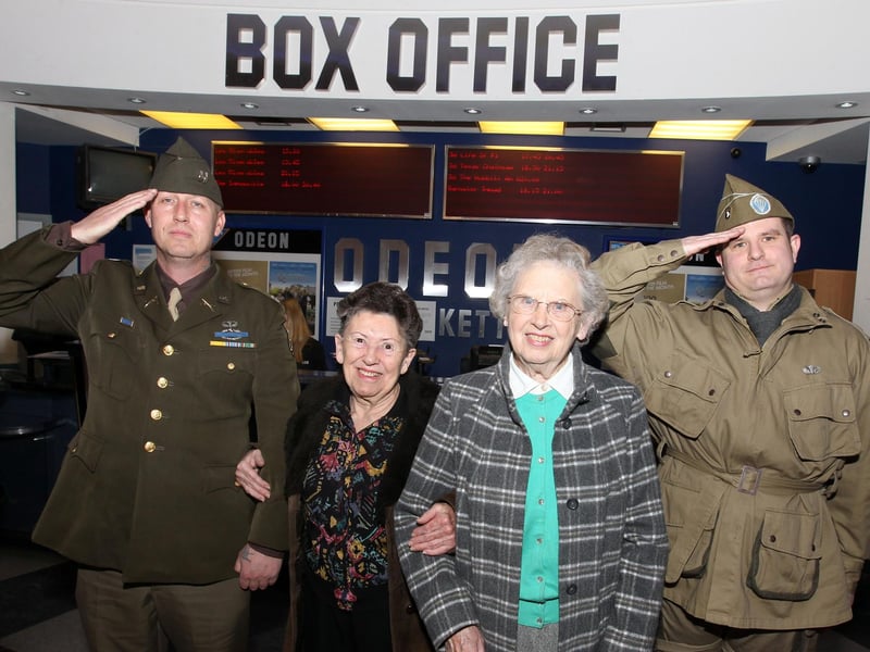 Film Premiere: Kettering: Odeon hosts the premiere of 'The Day The Americans Came.' Documentary about US servicemen coming to Kettering during WW2. l-r Jason Youles with residents Janet Jeffs and Eileen Liggins and Simon Payne Monday 14th January 2013 : Retro special from the archive of the Odeon, Kettering