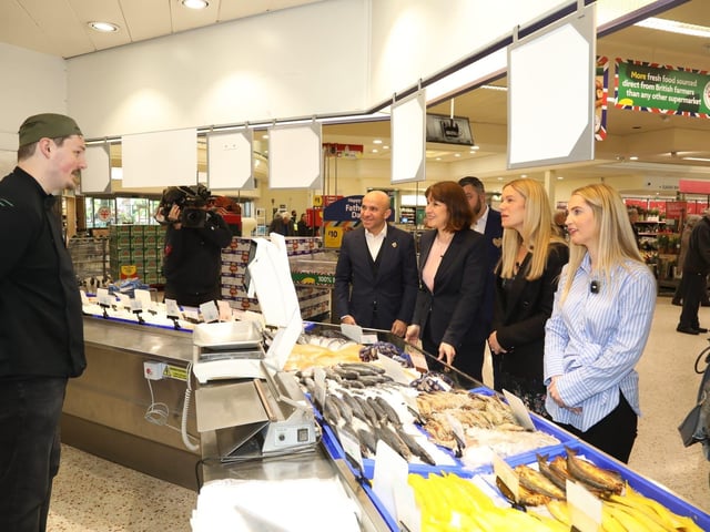 Rachel Reeves Shadow Chancellor visits Kettering Morrisons and Cheaney Shoes in Desborough with her sister Ellie Reeves and candidate Rosie Wrighting:Rachel Reeves in Kettering and Desborough