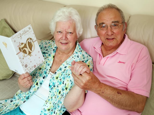 Mick and Maureen Beesley from Higham Ferrers celebrating their golden wedding anniversary in July 2015