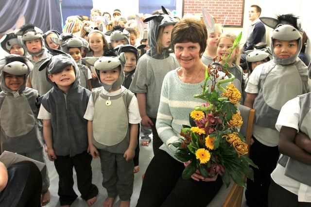 St Mary's Primary School,  Joy Coleman retires from school after 30 years. With the donkeys from the nativity play   2012.
