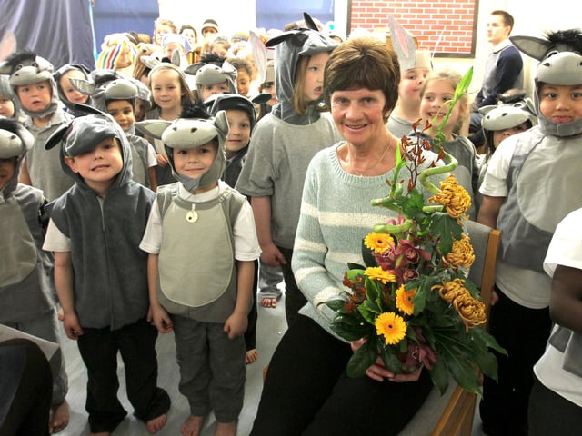 St Mary's Primary School,  Joy Coleman retires from school after 30 years. With the donkeys from the nativity play   2012.