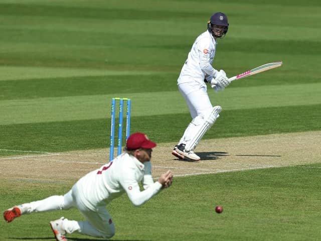 Gareth Berg fails to hold on to this chance to catch Hampshire's Felix Horgan at the County Ground