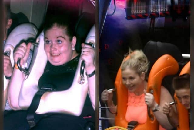 Lucy on theme park rides, pictured three years apart