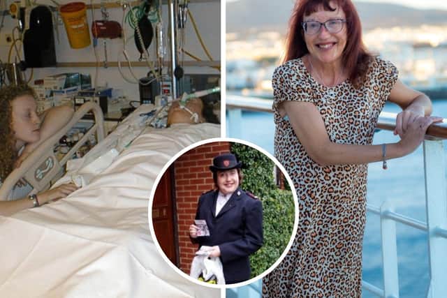 Natasha in hospital following the transplant (left), Natasha on a cruise and Natasha back in 2002 (inset)
